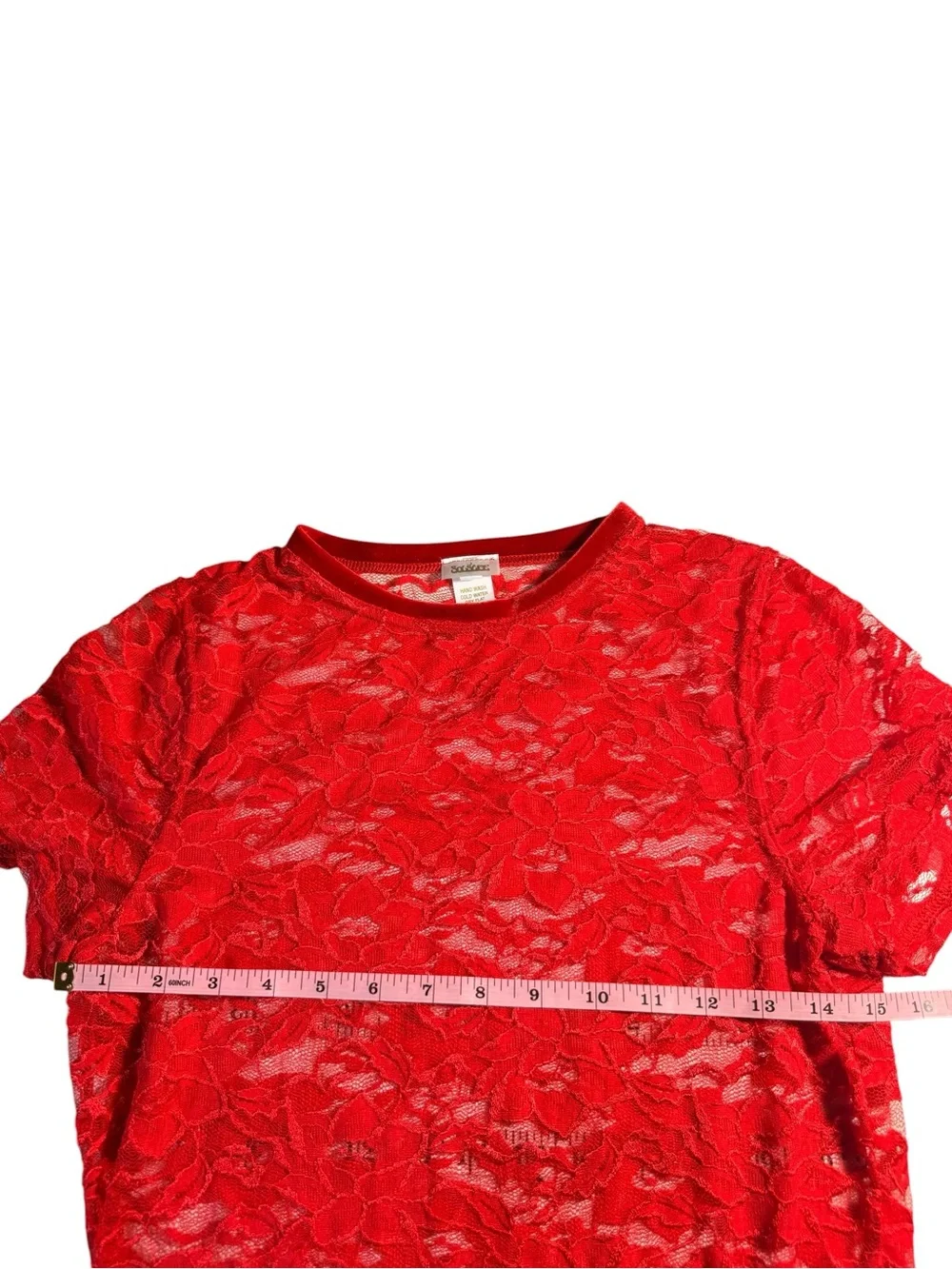 Red Lace Short Sleeve Top with Velvet Trim Size L Whimsigoth Romantic Sheer Mesh